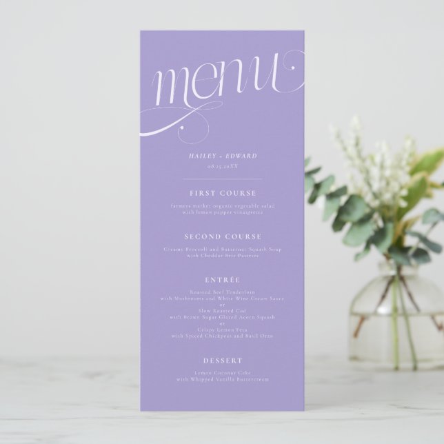 Menu de mariage violet élégant en spirale (Debout devant)