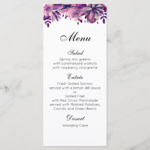 Menu de mariage violet. Menu de dîner floral aquar
