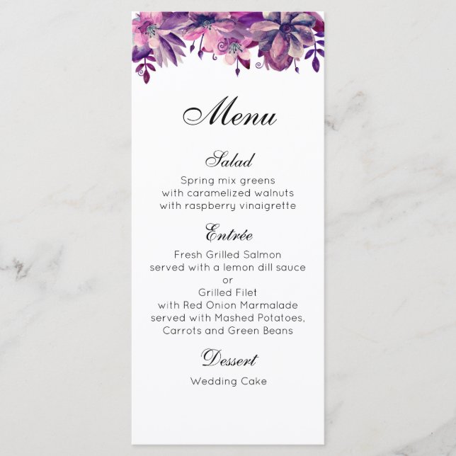 Menu de mariage violet. Menu de dîner floral aquar (Devant)
