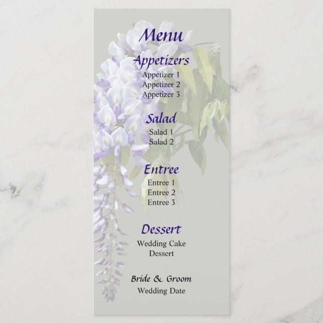 Menu de mariage Wisteria et feuilles (Devant)