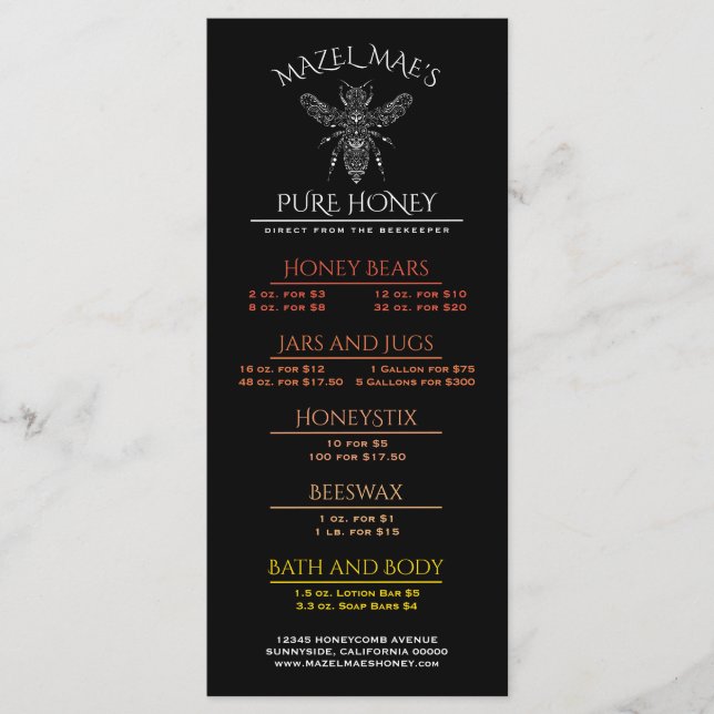 Menu de miel de l'apiarium personnalisé (Devant)