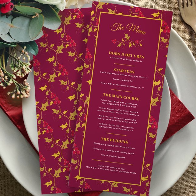 Menu de Noël 4 plats rouge or baie de houx (Créateur téléchargé)
