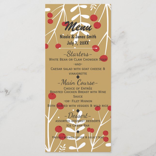 Menu de Noël avec feuilles blanches et baies dorée (Devant)