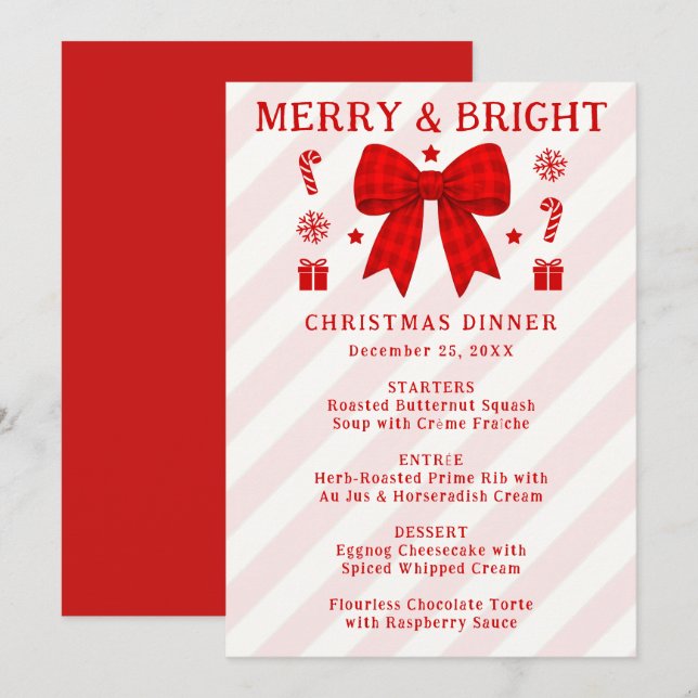 Menu de Noël avec ruban à carreaux rouges Merry &  (Devant / Derrière)