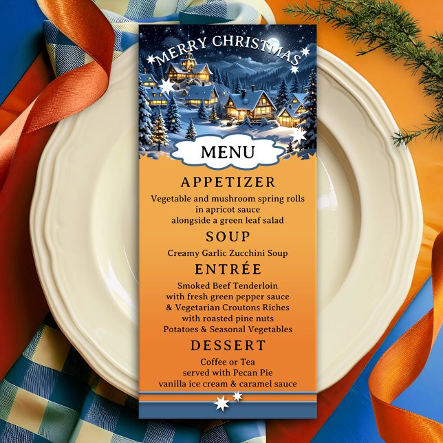 Menu de Noël de Winter Wonderland coloré (Christmas menu card featuring a festive design with a winter wonderland scene on bright orange red)