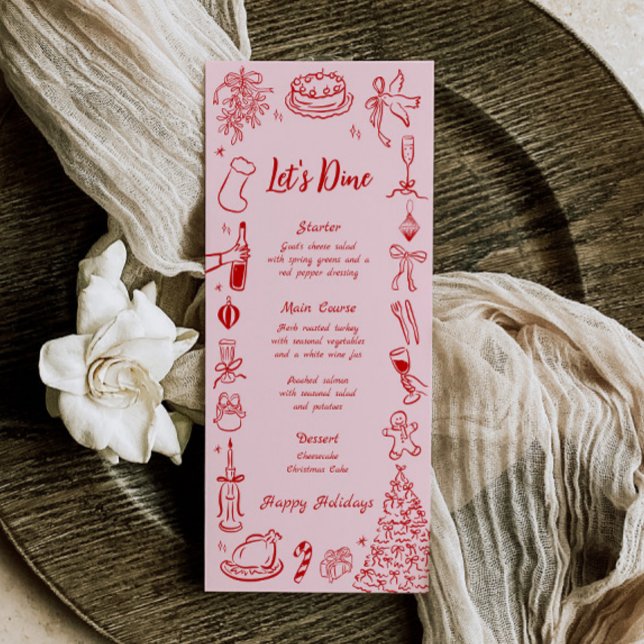 Menu de Noël Doodle Rose Menu de vacances amusant  (Quirky Christmas Menu)