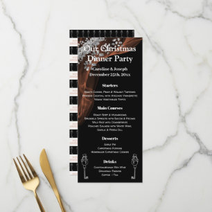 Menu de Noël élégant noir et argent avec bonhomme