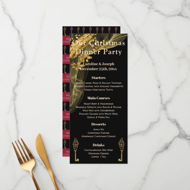 Menu de Noël élégant noir et or & Père Noël (Devant/Arrière en situation)