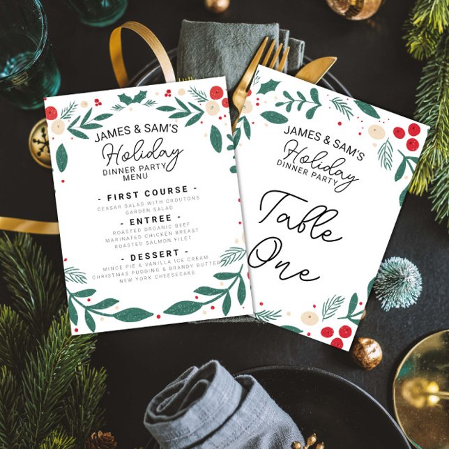 Menu de Noël et panneau de table Couronne de houx (Créateur téléchargé)