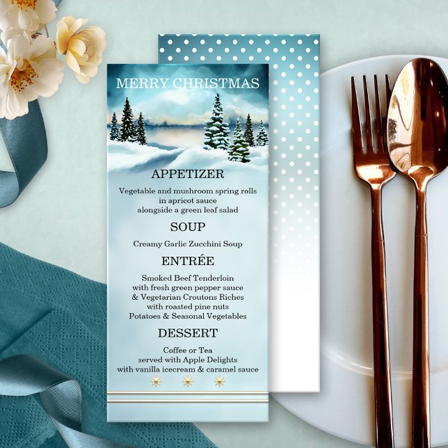 Menu de Noël Paysage d'Hiver à l'Aquarelle (Christmas menu card featuring a watercolor winter wonderland scene with snow capped pine trees)