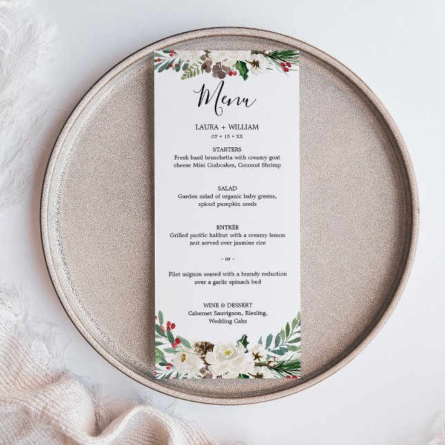 Menu de Noël pour mariage avec baies de houx et fl (Holly Berries and Floral Wedding Christmas Dinner Menu)