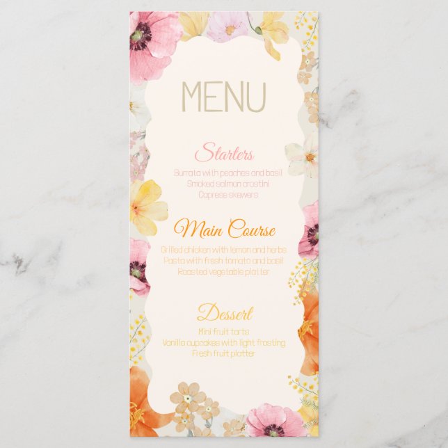 Menu de nourriture d'anniversaire Fleurs pastel or (Devant)