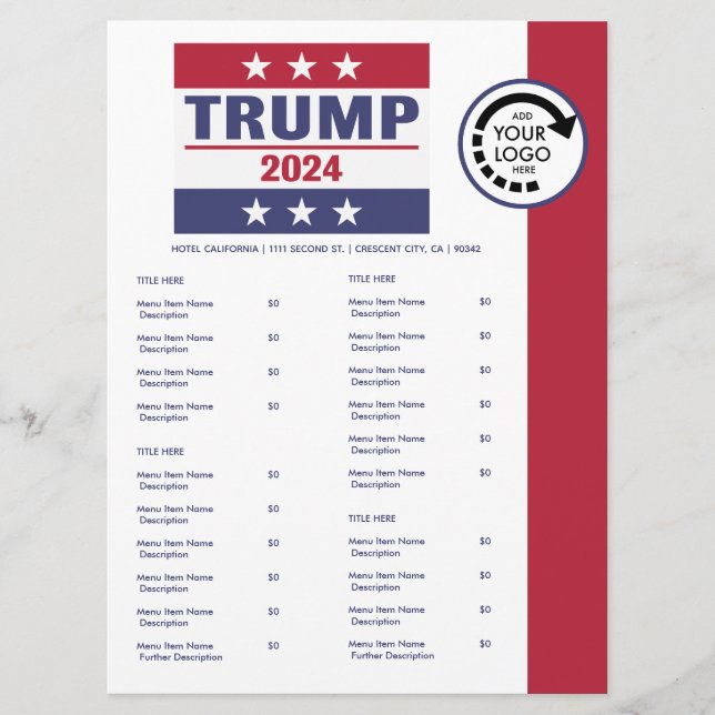 Menu de plats à emporter avec logo Pro Trump 2024  (Devant)