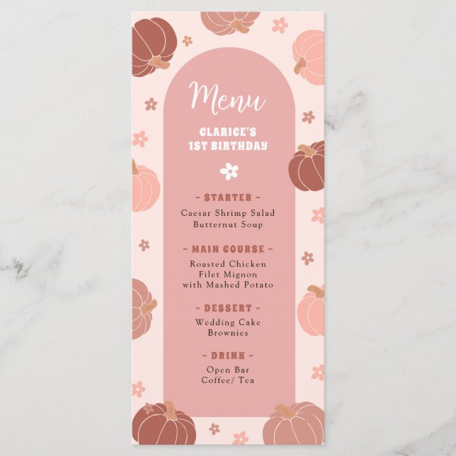 Menu de premier anniversaire Boho Pink Retro Pumpk (Devant)