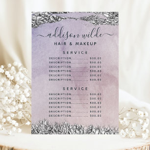 Menu de prix de service chic violet noir argent