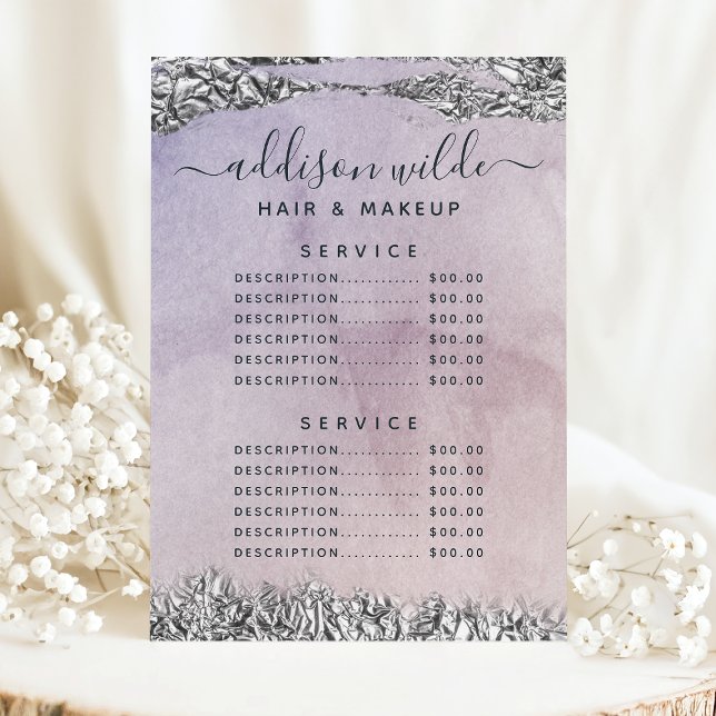 Menu de prix de service chic violet noir argent (Créateur téléchargé)