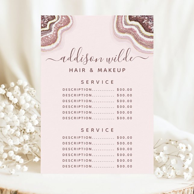Menu de prix de service en agate pailletée rose go (Créateur téléchargé)