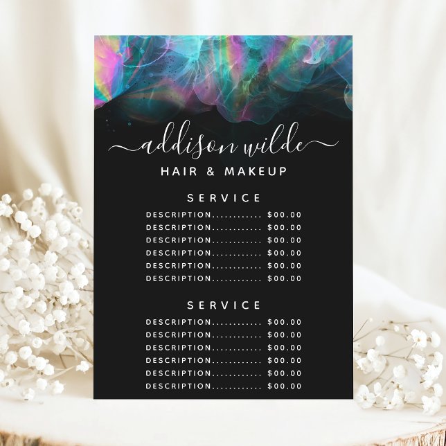 Menu de prix du service d'encre alcoolique hologra (Créateur téléchargé)