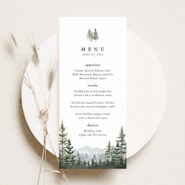 Menu de réception de mariage au pin de la forêt de (Mountain Forest Wedding Menu, Sage Green Pine Tree Wedding Menu Card, Woodland Reception Dinner Menu)