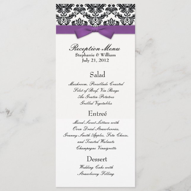 Menu de réception de mariage au ruban violet avec  (Devant)
