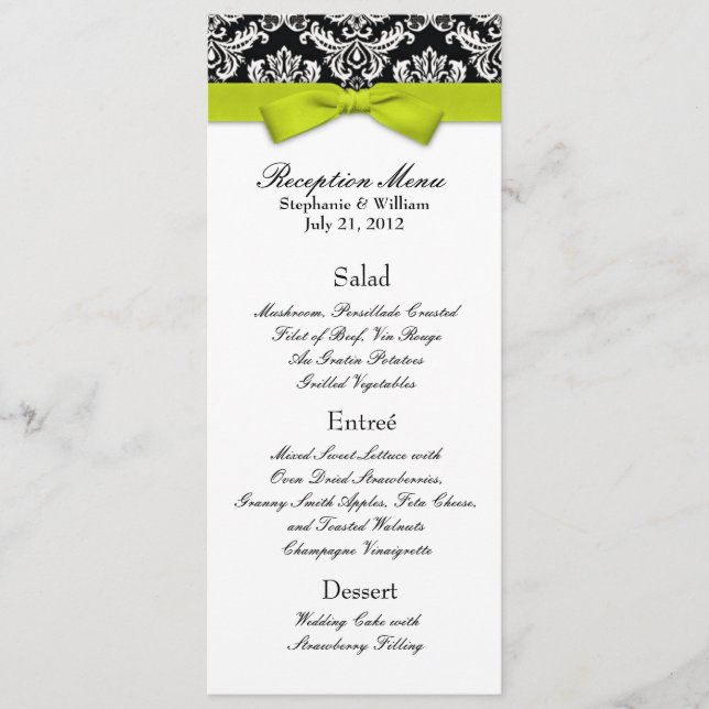 Menu de réception de mariage au vert avec noeud pa (Devant)
