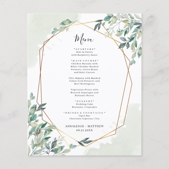 Menu de réception de mariage avec verdure d'eucaly (Devant)