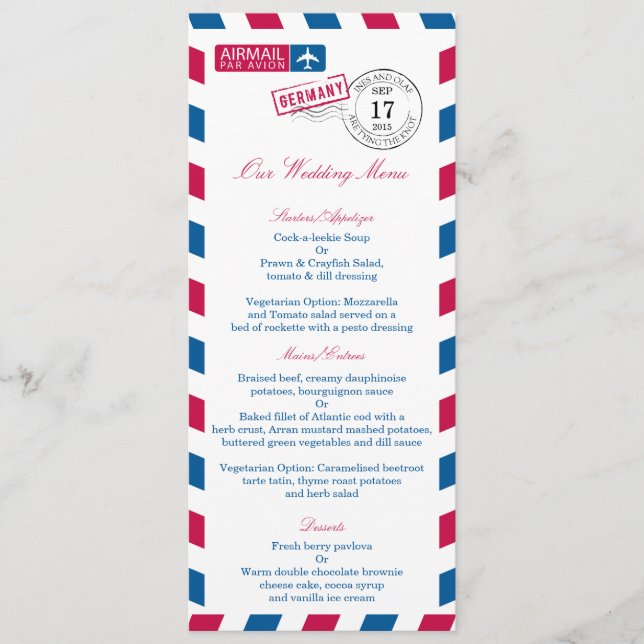 Menu de réception de mariage de par avion de (Devant)