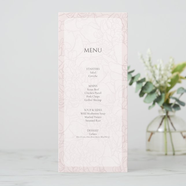 Menu de réception de mariage Elegant Peony Blush R (Debout devant)