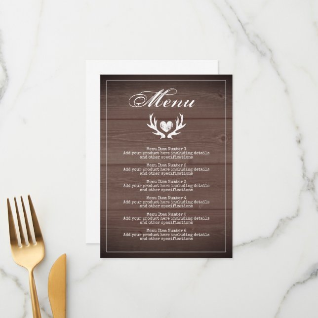Menu de réception de mariage en bois brun rustique (Devant/Arrière en situation)