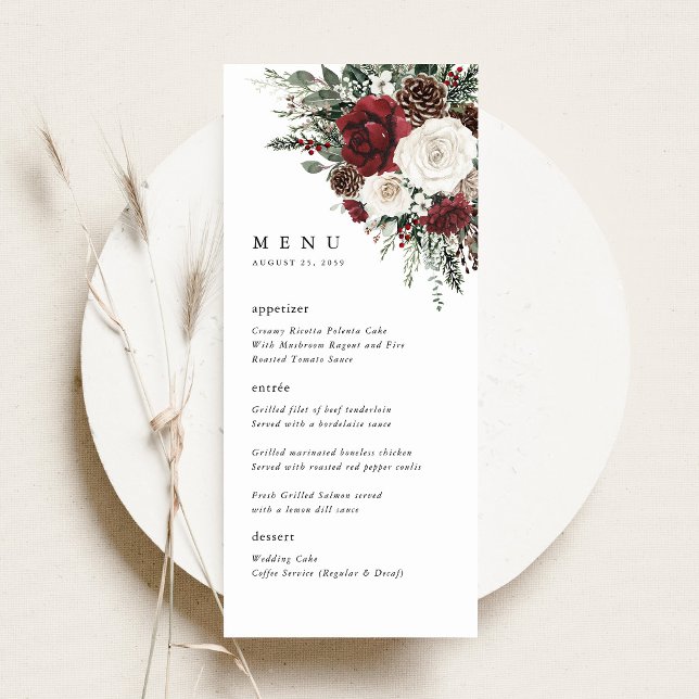 Menu de réception de mariage floral d'hiver de Bou (burgundy winter floral wedding menu card, elegant rose pinecone  reception menu table setting)