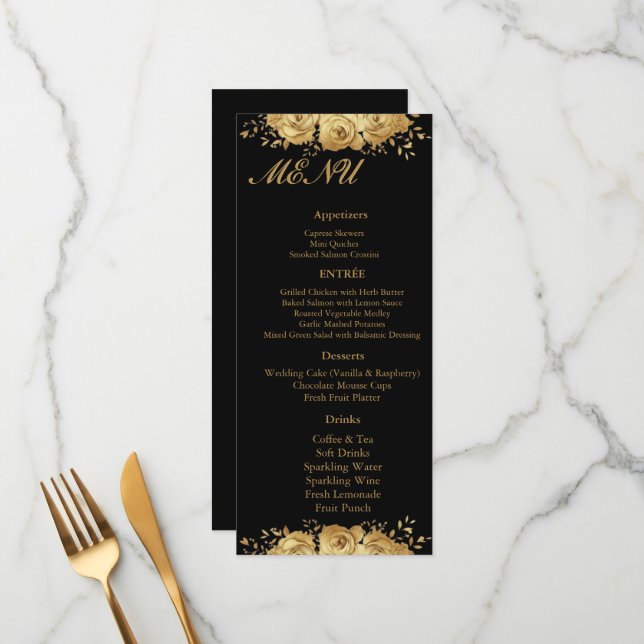 Menu de réception de mariage floral rose or noir G (Devant/Arrière en situation)