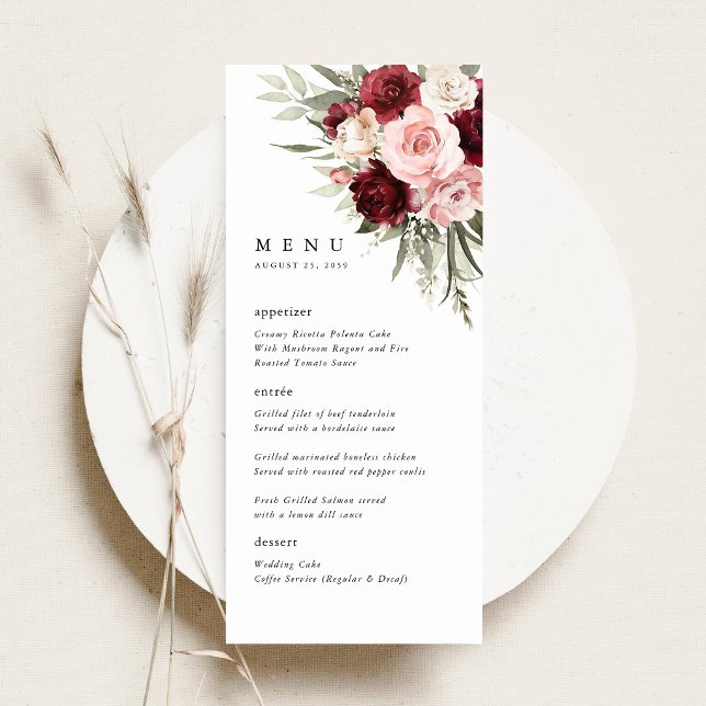 Menu de réception de mariage floral rose poudré de (Burgundy blush pink floral wedding menu card elegant rose reception menu dinner menu table setting)