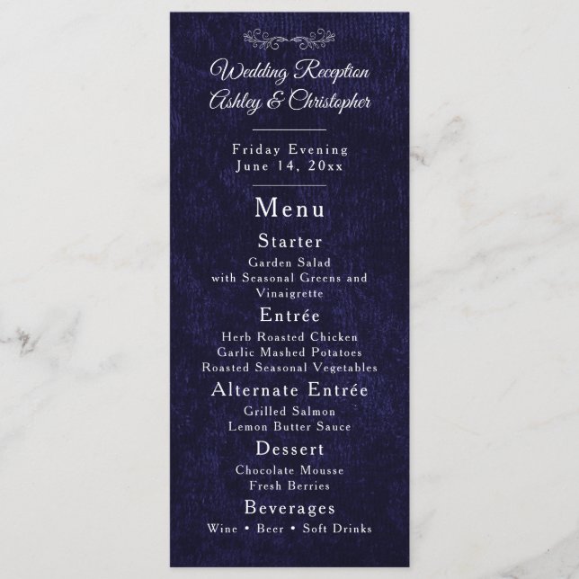 Menu de réception de mariage Navy Blue White Scrip (Devant)
