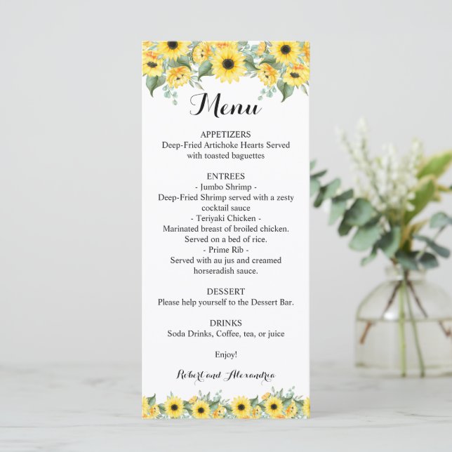 Menu de réception de mariage tournesols verdure (Debout devant)