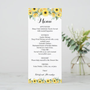 Menu de réception de mariage tournesols verdure
