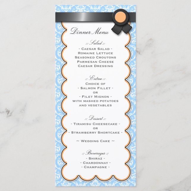 Menu de réception orange et bleu Mariage damassé (Devant)