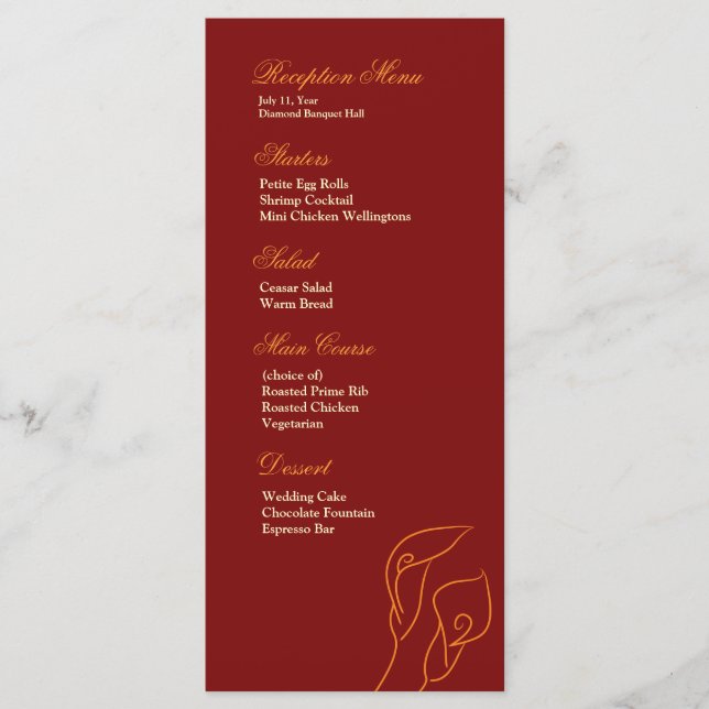 Menu de réception Rouge & Orange Calla Lilies (Devant)