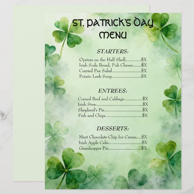 Menu de rêve de la Saint-Patrick du trèfle (Devant / Derrière)