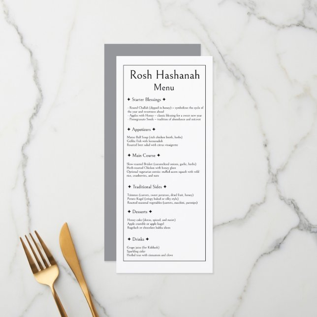Menu de Rosh Hashanah, Moderne Traditionnel Kasher (Devant/Arrière en situation)