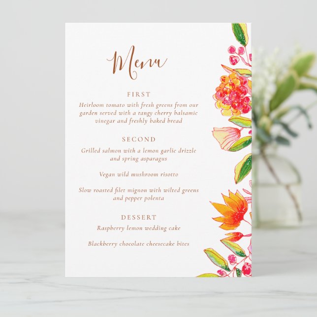 Menu de salle à manger de mariage floral aquarelle (Debout devant)