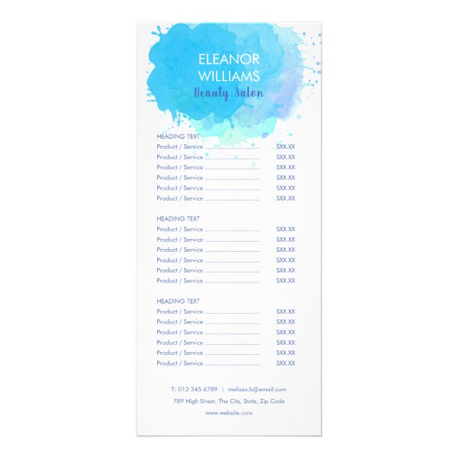 Menu de service de salon abstrait aquarelle bleue (Devant)