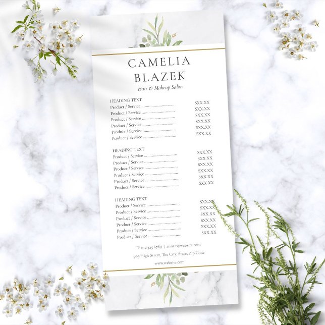 Menu de service de salon de verdure aquarelle en m (Marble Watercolor Greenery Salon Service Menu)