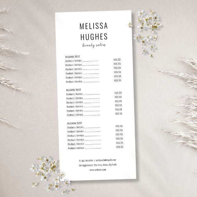 Menu de service de salon simple moderne noir et bl (Simple Modern Black and White Salon Service Menu)