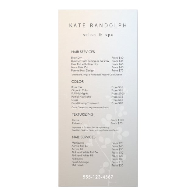 Menu de service Elegant Branch Salon Price List (Devant)
