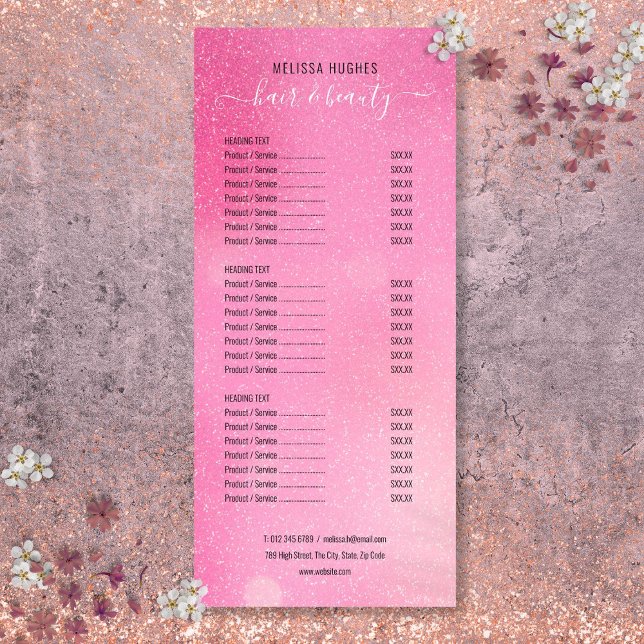 Menu de services de salon de coiffure scintillant  (Pink Glitter Shimmer Salon Service Menu)