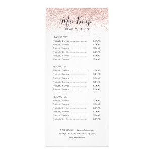 Menu de services de salon de paillettes en or rose