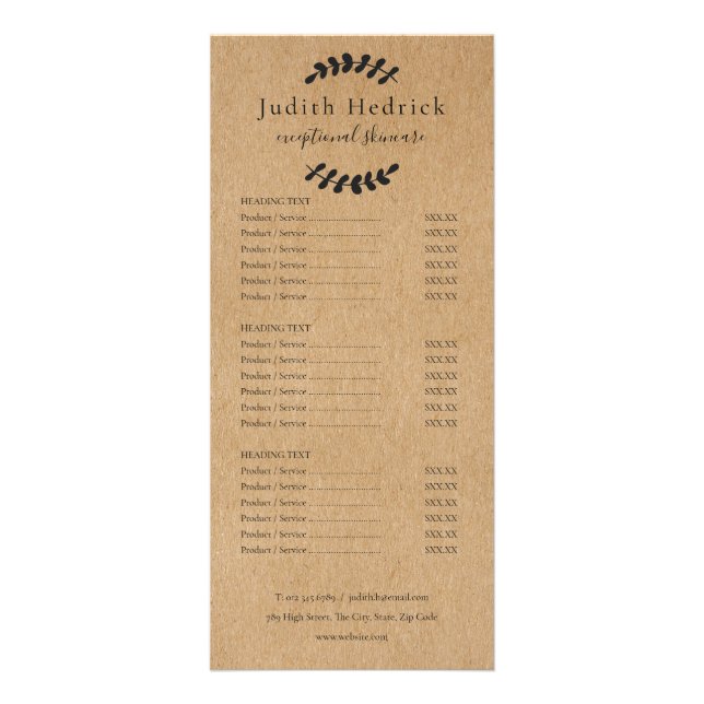 Menu de services de salon Kraft rustique aux feuil (Devant)