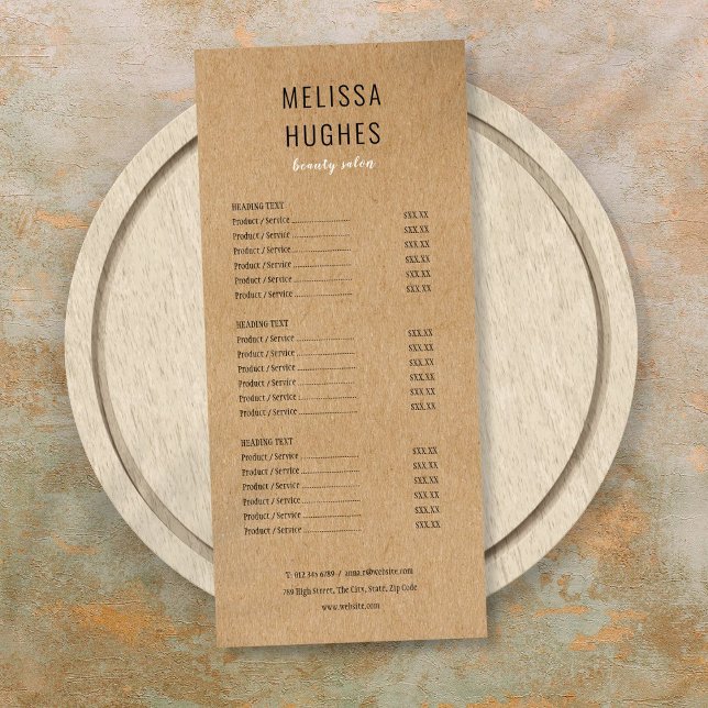 Menu de services de salon Kraft rustique moderne s (Simple Modern Rustic Kraft Salon Service Menu)