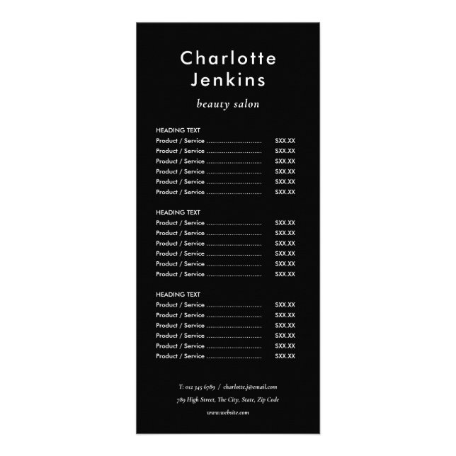 Menu de services de salon simple moderne noir et b (Devant)