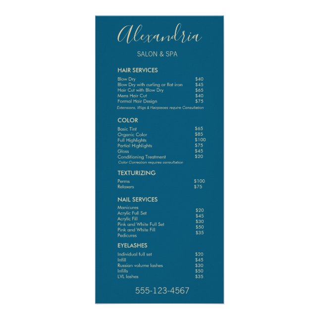 Menu de Spa de service Turquoise Blue Salon élégan (Devant)